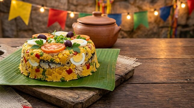 Traditional Brazilian Cuscuz Paulista Decorated with Eggs and Tomatoes on a Banana Leaf with Festa Junina Background