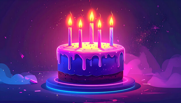 Pixel art birthday cake with five lit candles, glowing frosting, and sparkling confetti, vibrant purple and blue neon lighting, festive celebration atmosphere