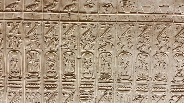 Beautiful bas-reliefs and ancient hieroglyphs in the Temple of Seti I in Abydos, Egypt