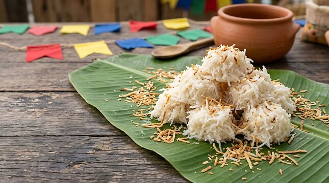 Traditional Brazilian Cocada Coconut Sweet on Banana Leaf with Festa Junina Decorations