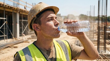 Sweaty and dirty construction worker in hard hat drinking water from plastic bottle on site, extreme heatwave and hydration concept. © Olga Ко