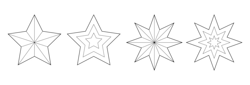 Y2K Aesthetic 5 and 8 Point Star Line Art Elements Vector Set Minimalist Retro Sparkle Shapes Geometric Collection Isolated on White