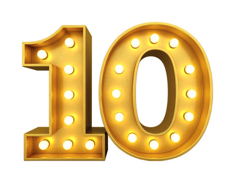 Illuminated golden marquee number ten sign with bright glowing bulbs symbolizing a decade anniversary or a perfect score&nbsp;