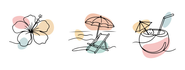 Minimalist line art icons featuring a tropical hibiscus flower beach chair and refreshing coconut drink with colourful abstract background shapes © Uzair