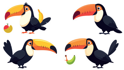 Obraz premium Cute cartoon toucan set with colorful beak holding fruits in various poses, vector illustration isolated on white background.