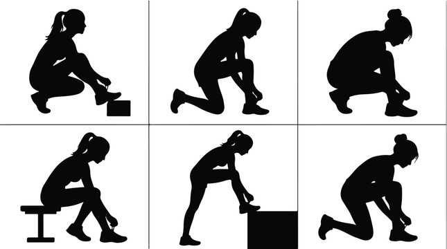 Silhouettes of woman tying shoe laces in various poses