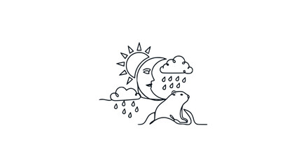 Fototapeta premium Whimsical continuous line drawing of sun, moon, rain clouds and groundhog