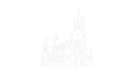 Naklejka premium Minimalist Outline Drawing of a Gothic Church on White Background