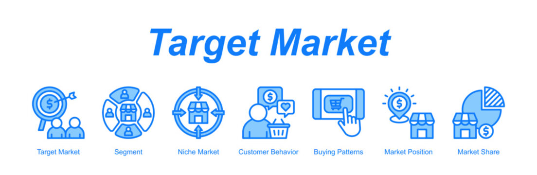 Target Market banner web icon vector illustration concept with an icon of Target Market, Segment, Niche Market, Customer Behavior, Buying Patterns, Market Position, Market Share 