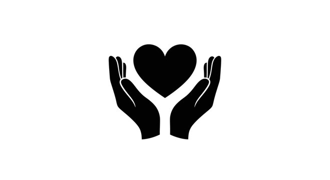 Two open hands are cupped together, holding a prominent heart symbol, representing care, protection, and the act of giving love.