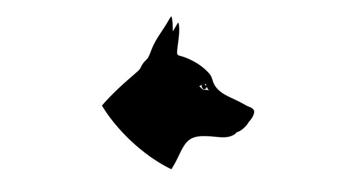 Black silhouette of a dog's head facing right on a white background, with sharp ears and a piercing eye.