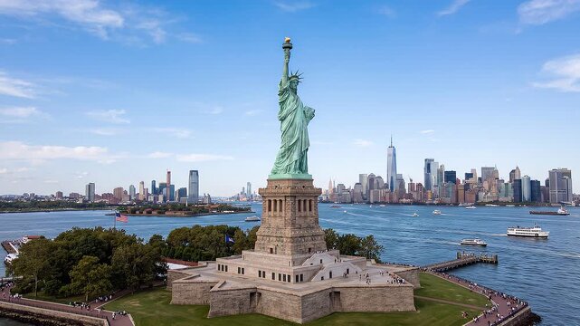 Iconic Statue of Liberty with New York City Skyline in Background.