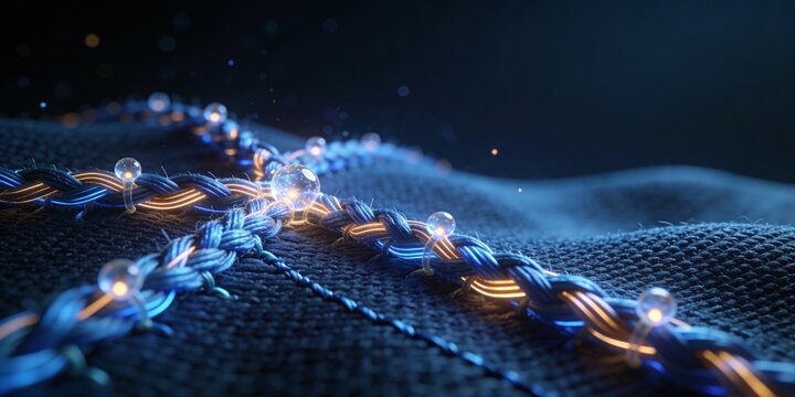 Luminous Braided Signal Orchestration on Dark Woven Technology Background With Blue and Amber Glow and Clean Copy Space