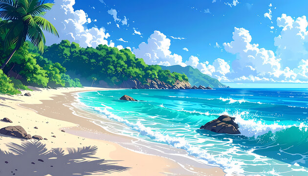 Pixel art tropical beach scene with turquoise ocean waves crashing on sandy shore, lush green forest hills, and blue sky with white clouds