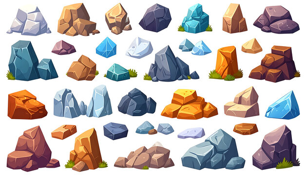 Pixel art stone collection, various rock shapes and sizes, colorful mineral elements for game design, fantasy settings