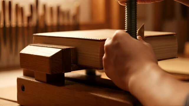 Bookbinder tightening a wooden screw press to bind a leather book in a workshop