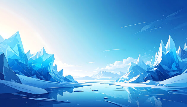 Pixel art winter landscape with jagged icy mountains reflecting in calm water, soft sun glow