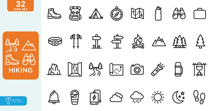 Hiking  Vector illustration editable line icon set. Contain icons related to Hiking, adventure, outdoor, mountain, nature, camping and more. Outline Icon Collection. on white background.