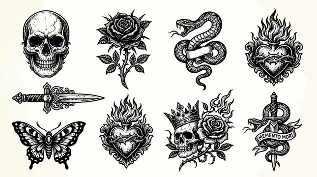 Dark Gothic Tattoo Vector Icon Set with Skull Rose Snake Dagger Butterfly Heart and Sacred Symbols
