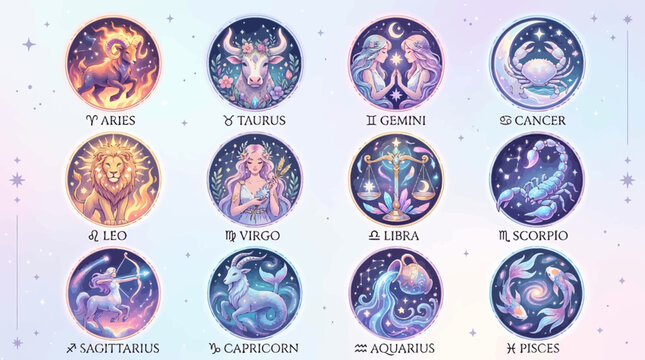 Celestial Zodiac Vector Icon Set Featuring Astrology Signs Moon Galaxy Horoscope and Cosmic Fantasy Symbols