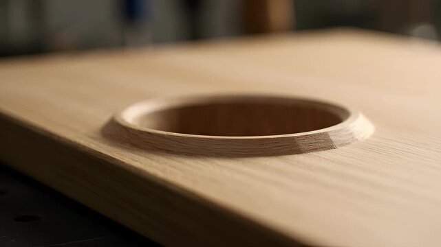 Close-up of a Circular Counterbored Hole in a Light Oak Wood Board