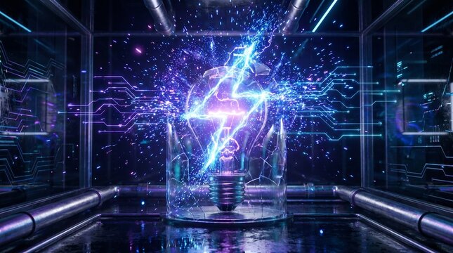 Illuminating innovation and inspiration a light bulb sparking with electric energy and digital circuits