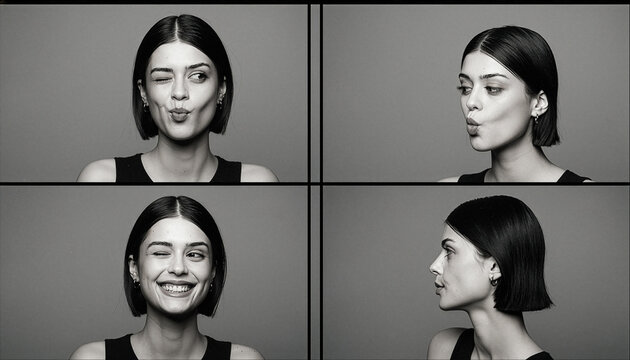 Young woman showing facial expressions in black and white contact sheet studio portrait collage