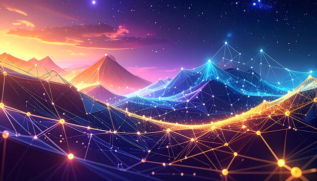 Pixel art landscape with glowing digital network overlay on mountains at sunset, vibrant colors, futuristic technology concept
