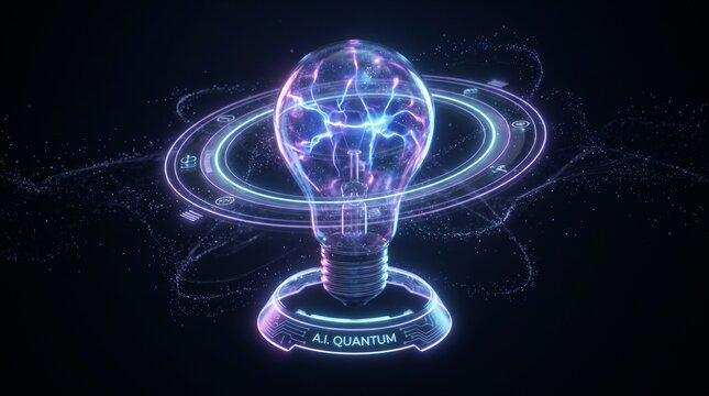Illuminating artificial intelligence with quantum physics; a digital light bulb symbolizing groundbreaking ideas, advanced technology, and future innovation