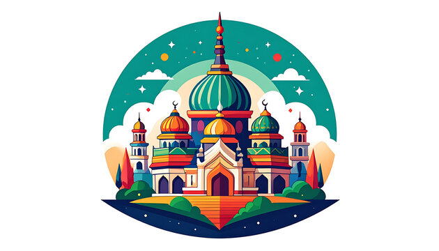 Pixel art mosque building with colorful domes and minarets set against a sky with clouds and stars, representing islamic architecture and culture