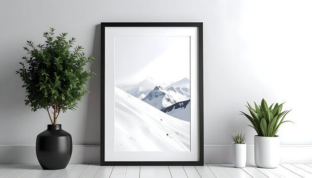 Pixel art mountain landscape in a black frame, with houseplants in modern pots, clean white wall background, serene winter scene, digital art display