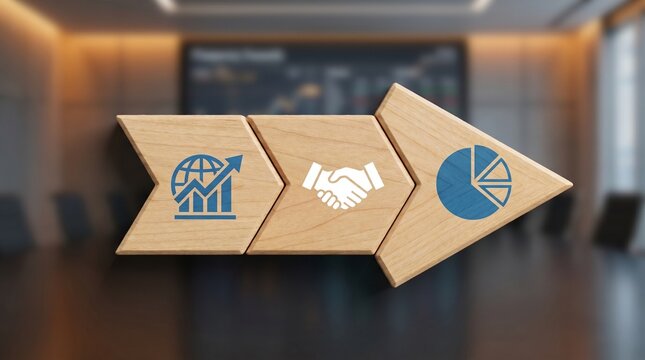 Wooden arrow blocks pointing forward with growth chart handshake and pie chart icons on boardroom table representing strategic business direction and performance success