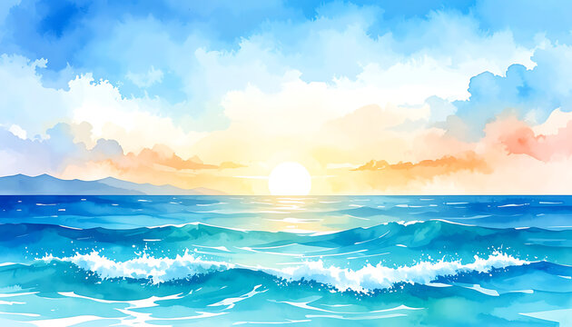 Pixel art ocean sunset, vast blue sea with gentle waves, orange and blue clouds in the sky, warm sun reflecting on water, tranquil summer atmosphere