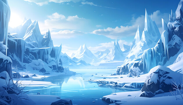 Pixel art of a frozen winter landscape with jagged ice formations, snow-covered mountains, and a still, reflective icy lake, serene cold atmosphere