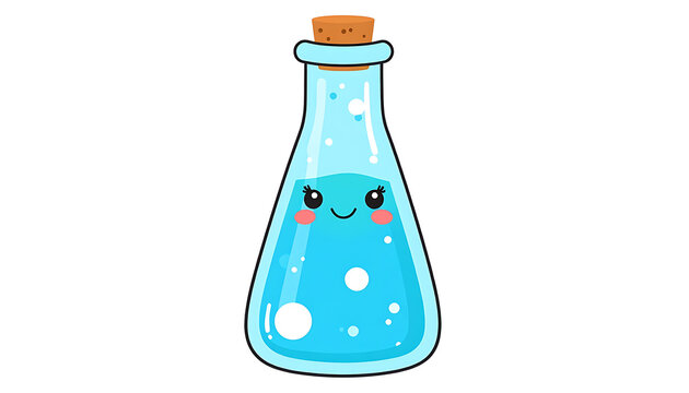 Pixel art potion bottle with cute smiling face and bubbly blue liquid, kawaii style, isolated on white