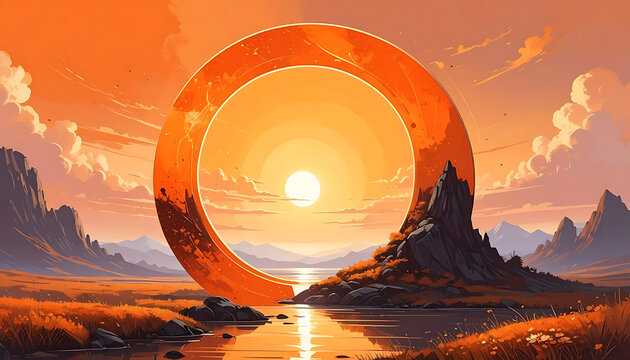Pixel art portal frame over landscape with sun setting, digital art, retro gaming aesthetic