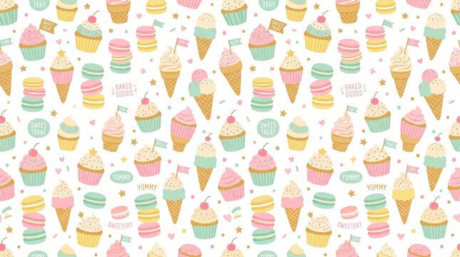 Cute seamless pattern with cupcakes ice cream and macarons in pastel colors
