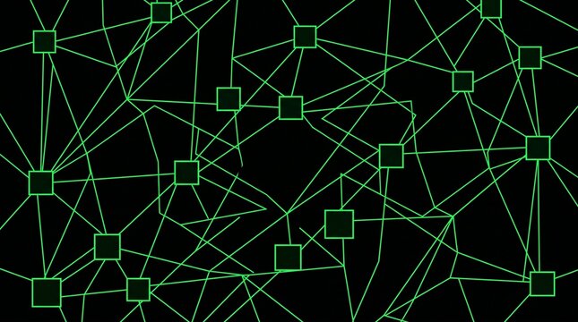 Abstract network of green squares connected by lines on a black background