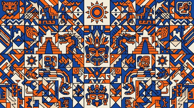 Aztec Inspired Geometric Pattern with Jaguars and Serpents