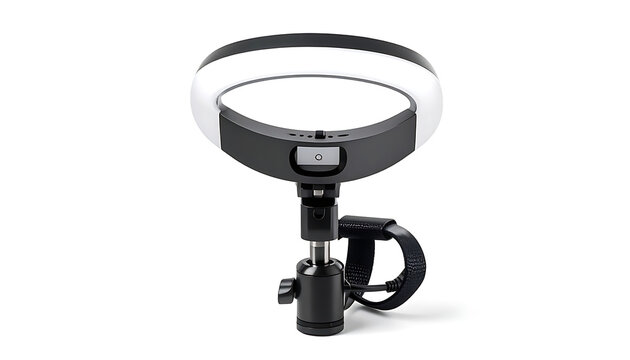 Portable LED ring light with adjustable mount and dimmer for photography and video, providing soft illumination.