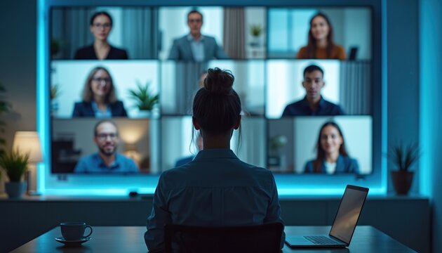 Woman participates in remote team meeting via laptop screen showing colleagues. She is in a home office environment, connecting virtually with her dispersed coworkers for collaboration.