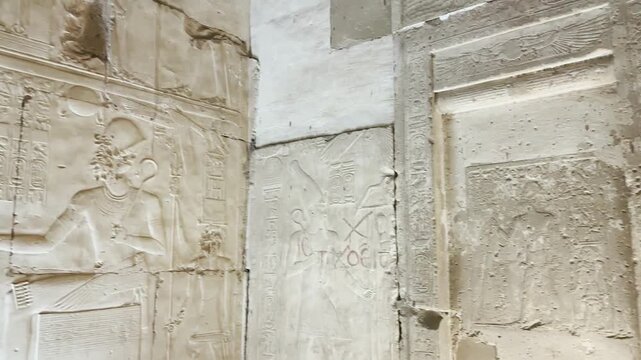Beautiful bas-reliefs and ancient hieroglyphs in the Temple of Seti I in Abydos, Egypt