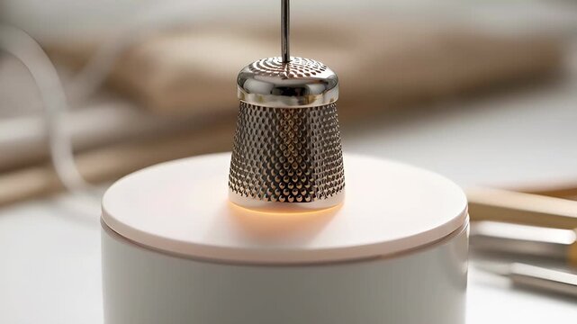 Metallic Sewing Thimble Hovering Above a Glowing LED Wireless Display Base