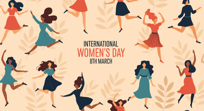 Joyful group of diverse women jumping and dancing to celebrate international womens day on the eighth of march.