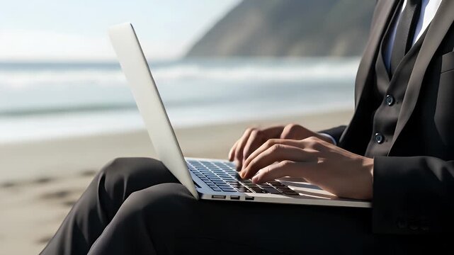 Professional businessman in a formal suit working on his silver laptop computer while sitting comfortably on the sandy beach during a sunny day at the seaside outdoors environment