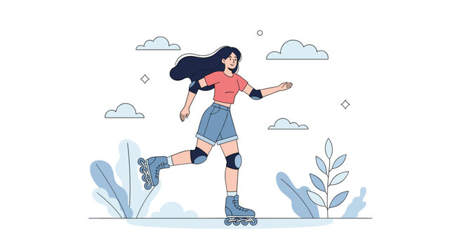 Young woman enjoying rollerblading outdoors wearing protective gear and a casual outfit on a white background.