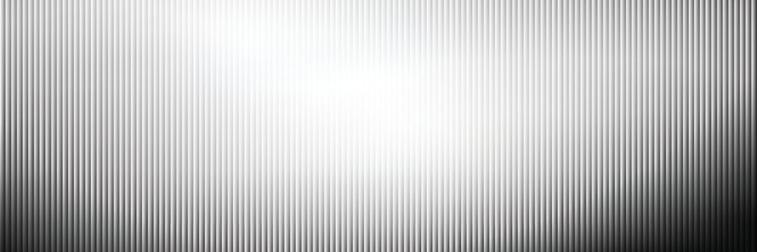 Abstract Panoramic Metallic Silver and Grey Gradient Background with Vertical Ribbed Lines Texture. Vector Eps 10