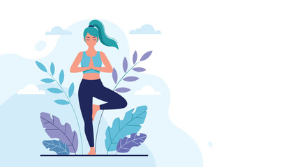 Obraz premium Young woman practicing the yoga tree pose on a mat surrounded by large colorful tropical leaves and plants.