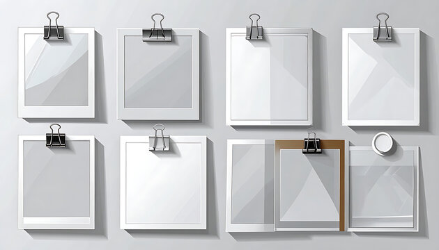 Set of isolated blank photo frames or paper notes with binders on a gradient background, clean design for showcasing content
