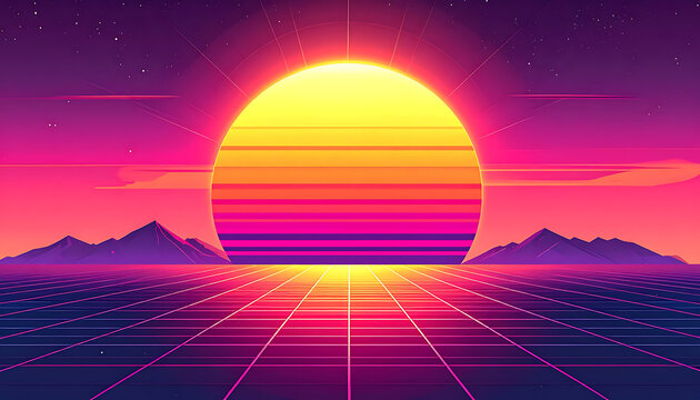 Pixelated retro sunset over a grid landscape, synthwave aesthetic, vibrant neon colors, 80s vibe, digital art